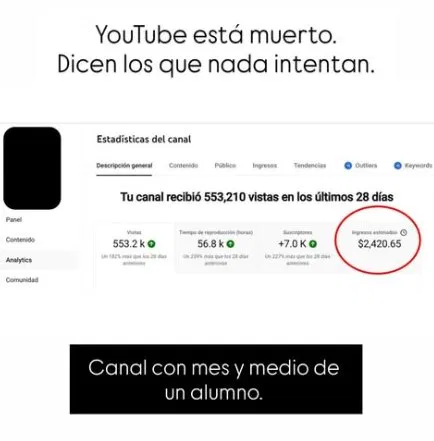 resultado alumno monetizatube 2420 dolares mes y medio